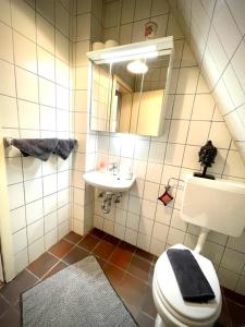 uma casa de banho com um lavatório, um WC e um espelho. em Fischerhuus em Eckernförde
