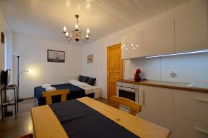 een kamer met een keuken, een bed en een tafel bij Nella Apartment in Rovinj
