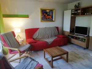 salon z czerwoną kanapą i telewizorem w obiekcie 5097 Tennis Village 1603 w Cap d'Agde