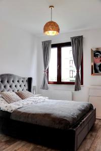 um quarto com uma cama grande e uma janela em Lavender Hill Apartment em Gdansk