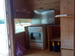 a small kitchen with a stove and a window at Canadienne in Le Fay