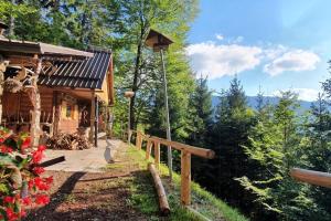 A Cottage in the Alps for hiking, cycling, skiing في جيسينيس: كابينة خشبية مع شرفة وبيت طيور