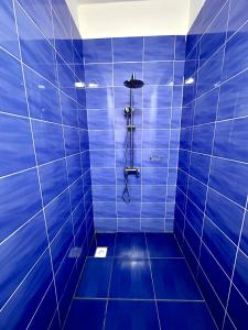 uma casa de banho azul com um chuveiro com azulejos azuis em Hotel 7 em Kapchagay