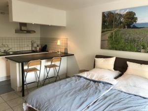 ein Schlafzimmer mit einem Bett und eine Küche mit einer Theke in der Unterkunft Ferienwohnung am Mühlenpark in Timmendorfer Strand