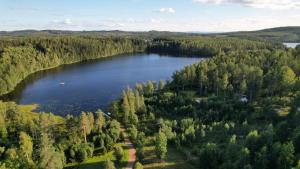 an aerial view of a lake in a forest at Frisbo Lodge - Romantic night in a dome tent lake view in Bjuråker