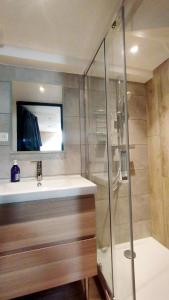 a bathroom with a sink and a shower at Maison Aux portes d'Emparis in Mizoën