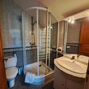 y baño con ducha, aseo y lavamanos. en 2 bedroom prestige apartment with pool and sauna, en Laredorte