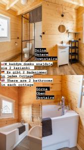 uma colagem de fotos de uma casa de banho com um lavatório em Domki letniskowe Layla em Ustronie Morskie