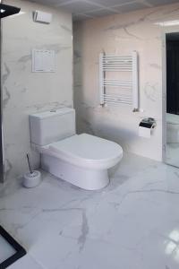 a white bathroom with a toilet and marble walls at Zora in Blagoevgrad