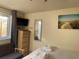 una camera con letto, TV e finestra di Auntie Bett's - Cosy double ensuite room with mini kitchen a Kingsbridge
