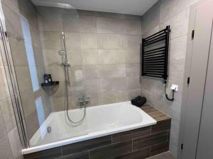 a bathroom with a bath tub and a shower at Bierinu apartamenti in Riga