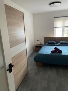 een slaapkamer met een bed en een schuifdeur bij Central Apartments Opava in Opava