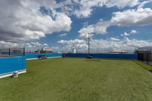 a tennis court with green grass and a blue wall at Resort-style Pool, Gym/Garage, 1Br, Medical Center in Houston