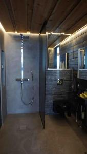 La salle de bains est pourvue d'une douche avec une porte en verre. dans l'établissement Luxury guesthouse, beachfront sauna, à Jyväskylä