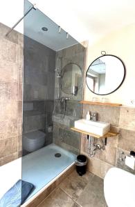 La salle de bains est pourvue d'une douche, d'un lavabo et de toilettes. dans l'établissement Bacharacher Hof, à Bacharach