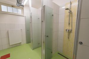 a bathroom with a shower and a glass door at Capsule hostel Andel Centre SPIRIT in Prague