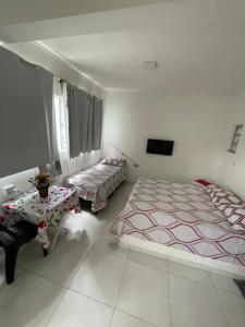 1 dormitorio con 2 camas, mesa y TV en Pousada 146, en Campos dos Goytacazes