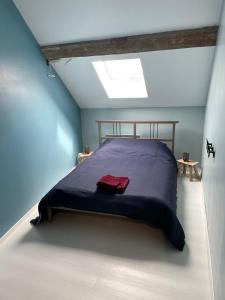 een slaapkamer met een bed in een blauwe kamer bij Appartement au coeur d'Arbois in Arbois
