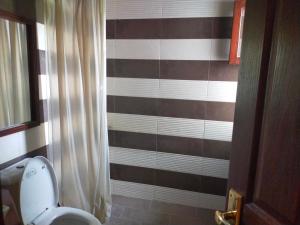 a bathroom with a toilet and a striped wall at Hotel Amisa Golf Course Road MG Road in Gurgaon