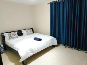 1 dormitorio con 1 cama con cortina azul en Executive 1&2 Broom Airbnb in Gilgil Nakuru, en Gilgil