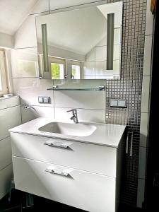 een witte badkamer met een wastafel en een spiegel bij Ein Appartement und ein Komfortzimmer in Malsch, zwischen Karlsruhe, Rastatt und Baden-Baden in Malsch