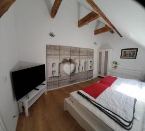 um quarto com uma cama e uma televisão de ecrã plano em Ferienhaus Weitblick em Börgerende-Rethwisch