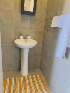 W łazience znajduje się biała umywalka i prysznic. w obiekcie Aaron’s apartments w mieście Ladysmith