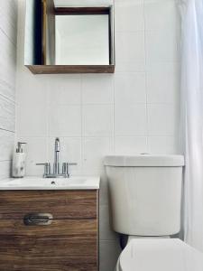 een badkamer met een toilet, een wastafel en een spiegel bij Casamares Private Room Mar with Pool and Jacuzzi 5 min to Boqueron and Beaches in Cabo Rojo