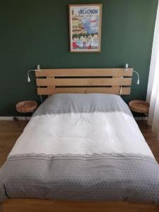 a bed in a bedroom with a green wall at 3 pièces avec terrasse arborée in Arcachon