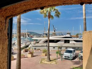 eine Yacht, die in einem Yachthafen mit einer Palme parkt in der Unterkunft MarinesAppartement-Yachts view, 100m Beach, Fiber Wifi High speed in Saint-Tropez