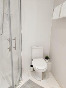 a white bathroom with a toilet and a shower at Portrush by the Sea - 5 West Beach in Portrush