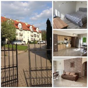 a collage of photos with a gate and a house at Kristály Apartman in Eger