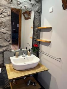 Un baño con un lavabo blanco y un espejo. en Pico Formoso Vínea Lava Alojamentos Pico, en Prainha de Baixo