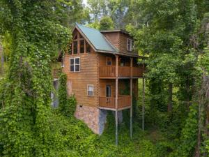 a tree house with a deck in the woods at The Vinson, 1 Bedroom, Loft, Game Room, Hot Tub, Theater Room, Sleeps 4 in Gatlinburg