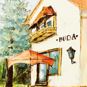 a painting of a building with an umbrella at Restauracja Pensjonat Buda in Krosno