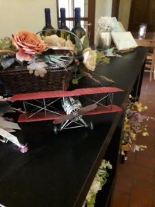 a table with a toy plane on it with wine bottles at Agriturismo Lupo Cerrino in Tarquinia