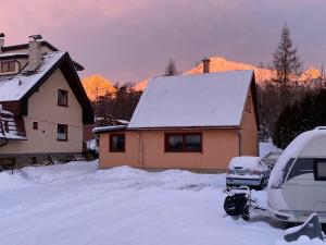 ヴェルキー・スラブコフにあるChata Fialkaの雪に停められた車を持つ家