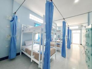 Cette chambre comprend 4 lits superposés dotés de rideaux bleus. dans l'établissement Khao Sok Backpacker Hostel, à Khao Sok