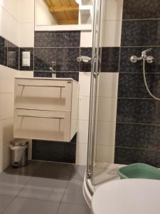 a bathroom with a shower and a sink at Domki Gościniak in Rewal