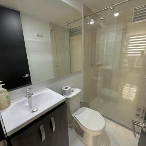 uma casa de banho com um WC, um lavatório e um chuveiro em Apartamento Amoblado Luxury Excelente Ubicacion em Cúcuta