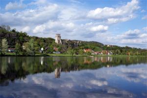 a large body of water with a castle in the background at Zimmer Donaustrand in Leiben