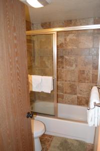 een badkamer met toilet en douche met handdoeken bij Beaver Village Unit #0612 in Winter Park