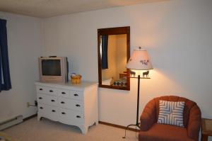 een woonkamer met een tv en een stoel en een lamp bij Beaver Village Unit #0612 in Winter Park