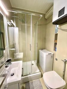 a bathroom with a shower and a sink and a toilet at Linden Korzo with balcony in Rijeka