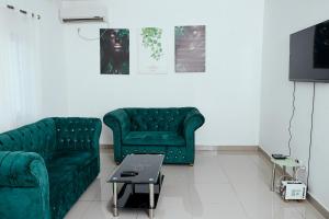 un soggiorno con 2 divani verdi e una TV di L'IMMEUBLE QUEEN M.N.M a Douala