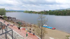 a view of a lake with a boat in the water at Lago d'argento sobe in Veliko Gradište