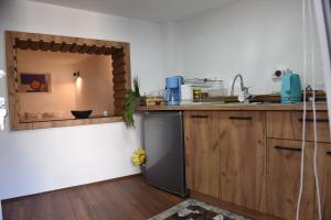 a kitchen with a sink and a refrigerator and a mirror at NeWave Apartment in Strumica