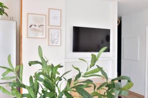 uma sala de estar com uma televisão e uma planta em L'Olivier Disneyland JO Paris 2024 avec Parking em Bailly-Romainvilliers