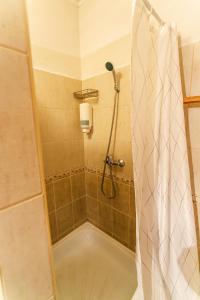 根尼斯迪亞斯的住宿－LiBe Apartman，带淋浴和浴帘的浴室