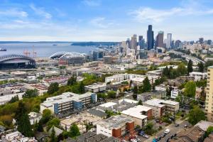 an aerial view of a city with skyscrapers at Hillside in Seattle - updated and well appointed. in Seattle